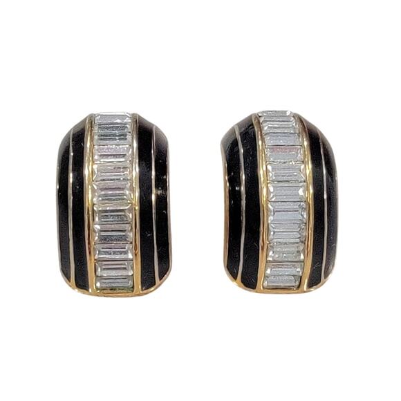 Christian Dior Black Enamel Gold Baguette Crystal Half Hoop Clip-On Earrings VTG - Picture 1 of 7